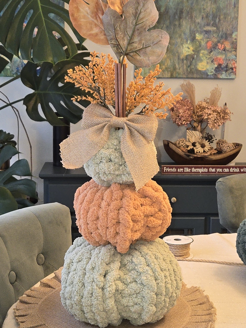 Plush Pumpkin Stack Table Top Decor in Orange and Cream - Home Accents
